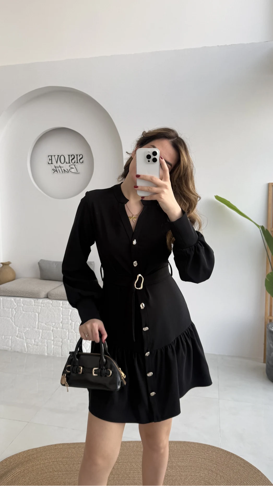 Gabriela Kemerli Gold Düğmeli Mini Elbise - Siyah - Kod: 0922