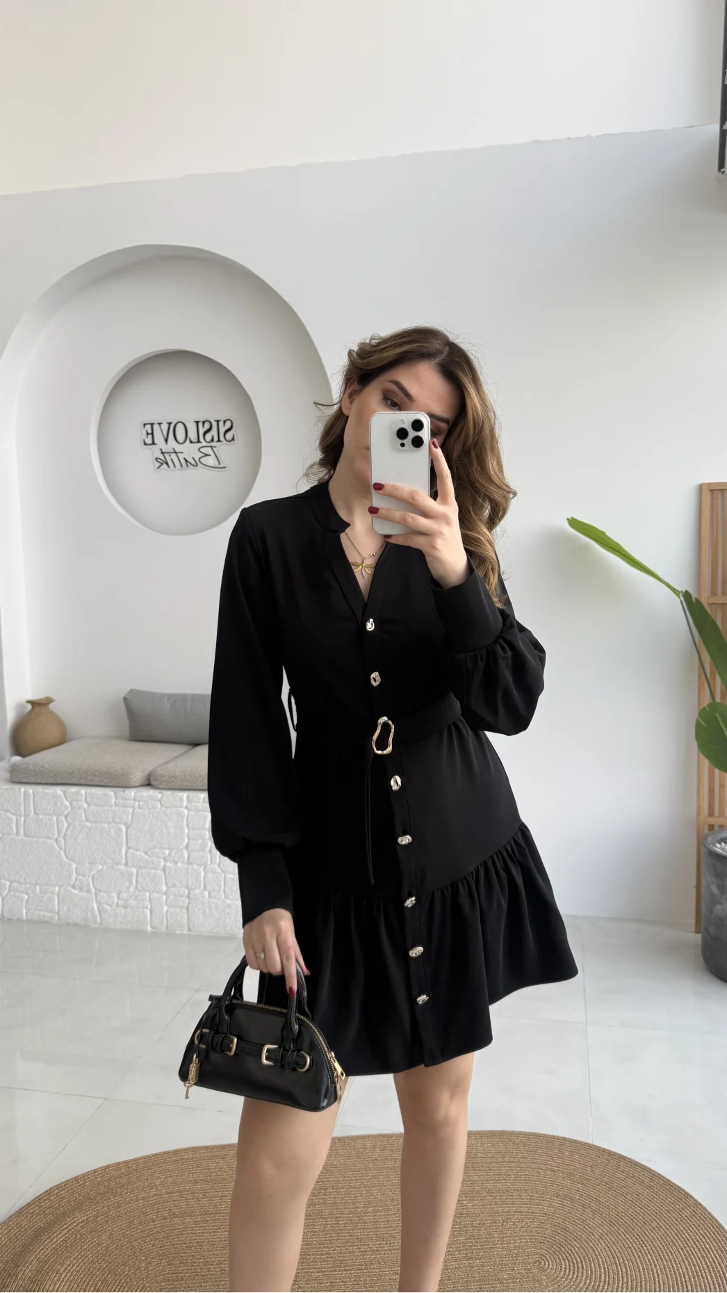 Gabriela Kemerli Gold Düğmeli Mini Elbise - Siyah - Kod: 0922