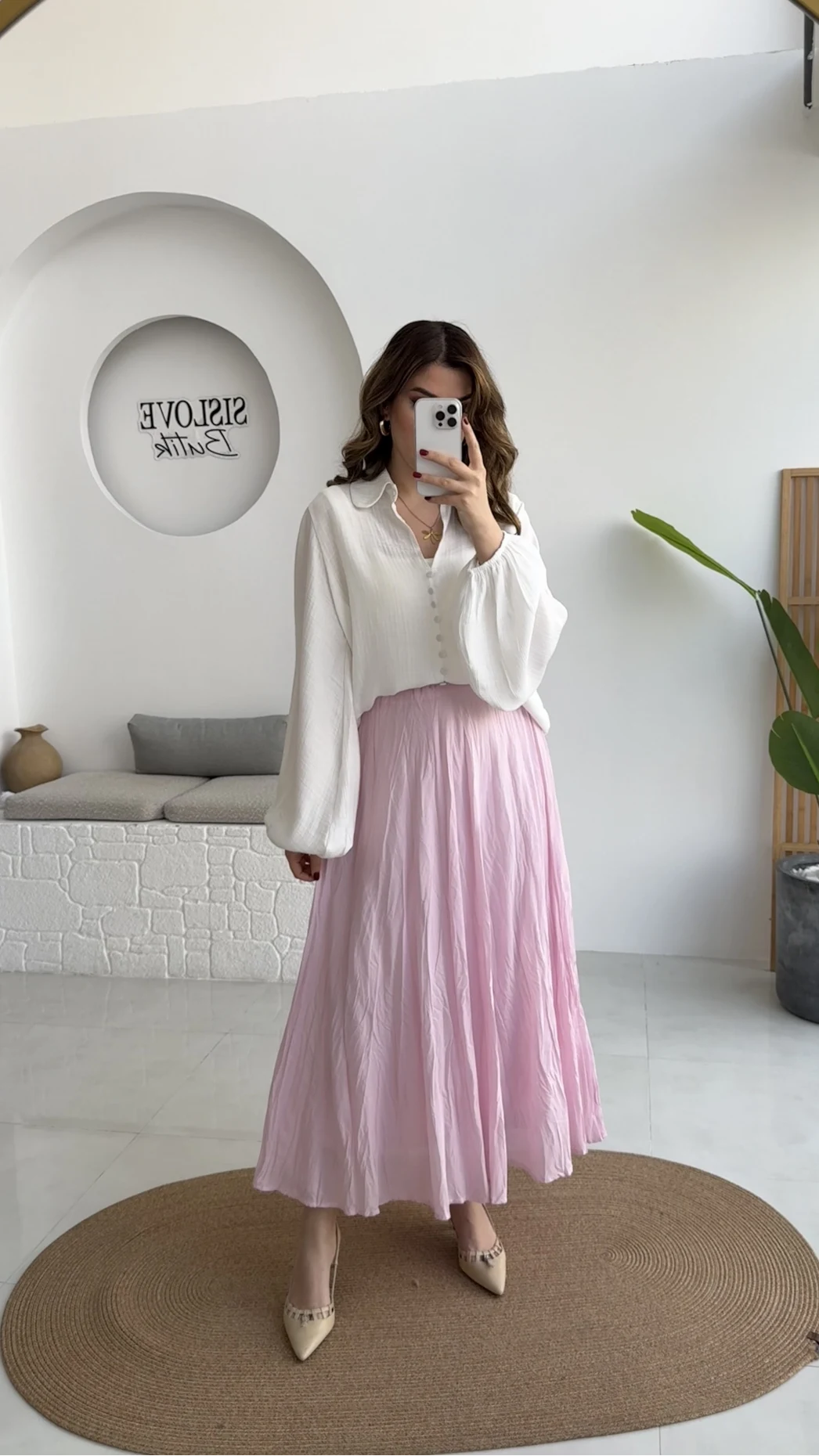 Pole Astarlı Kırışık Kloş Etek - Pembe - Kod: 3000