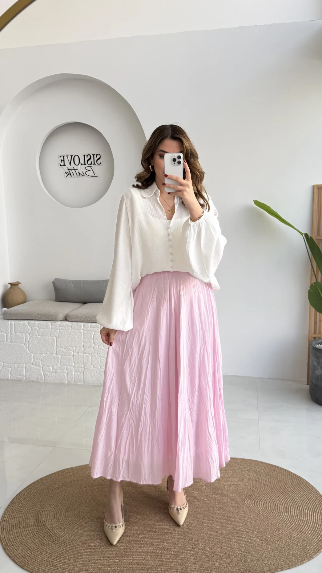 Pole Astarlı Kırışık Kloş Etek - Pembe - Kod: 3000