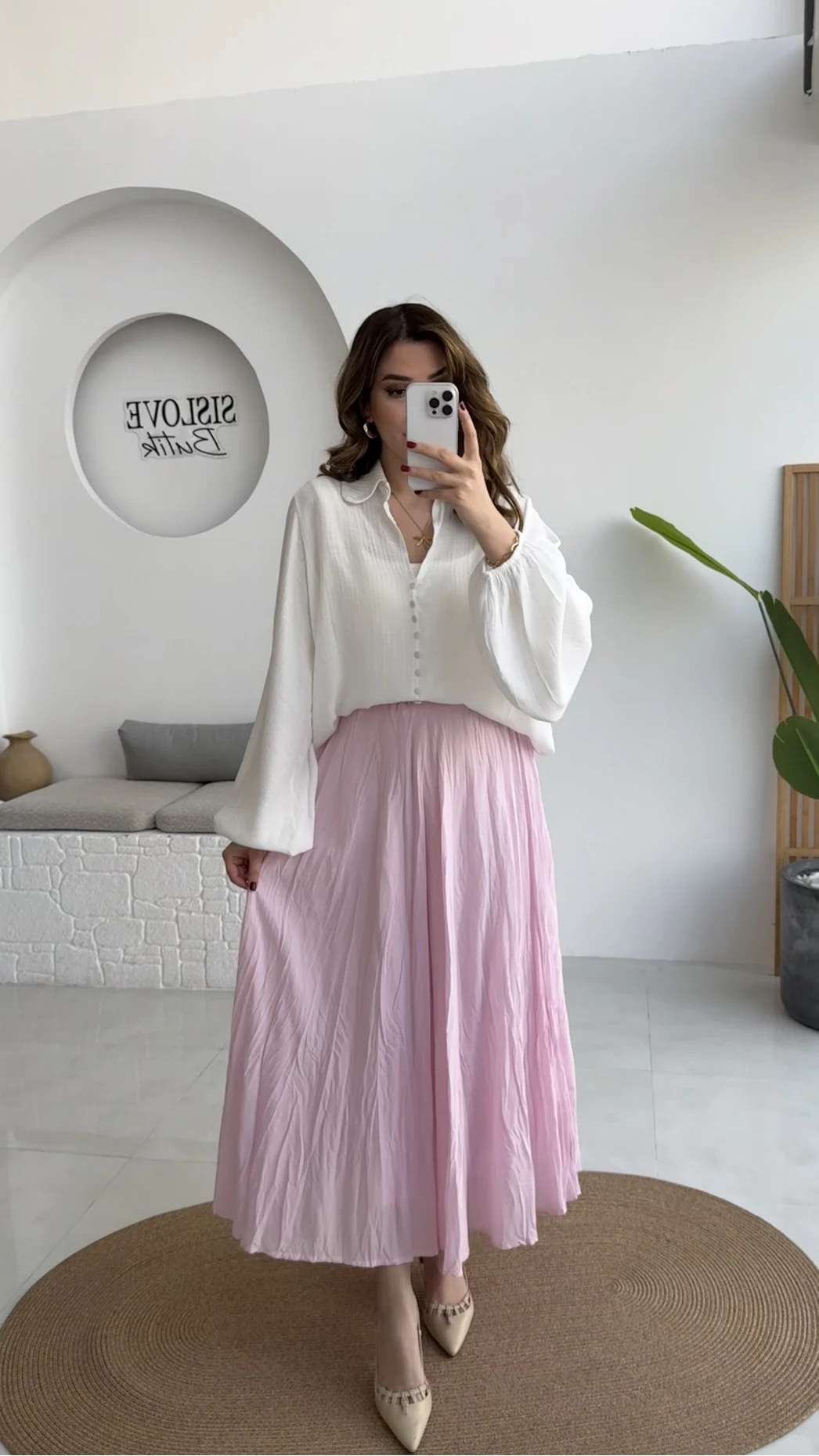 Pole Astarlı Kırışık Kloş Etek - Pembe - Kod: 3000