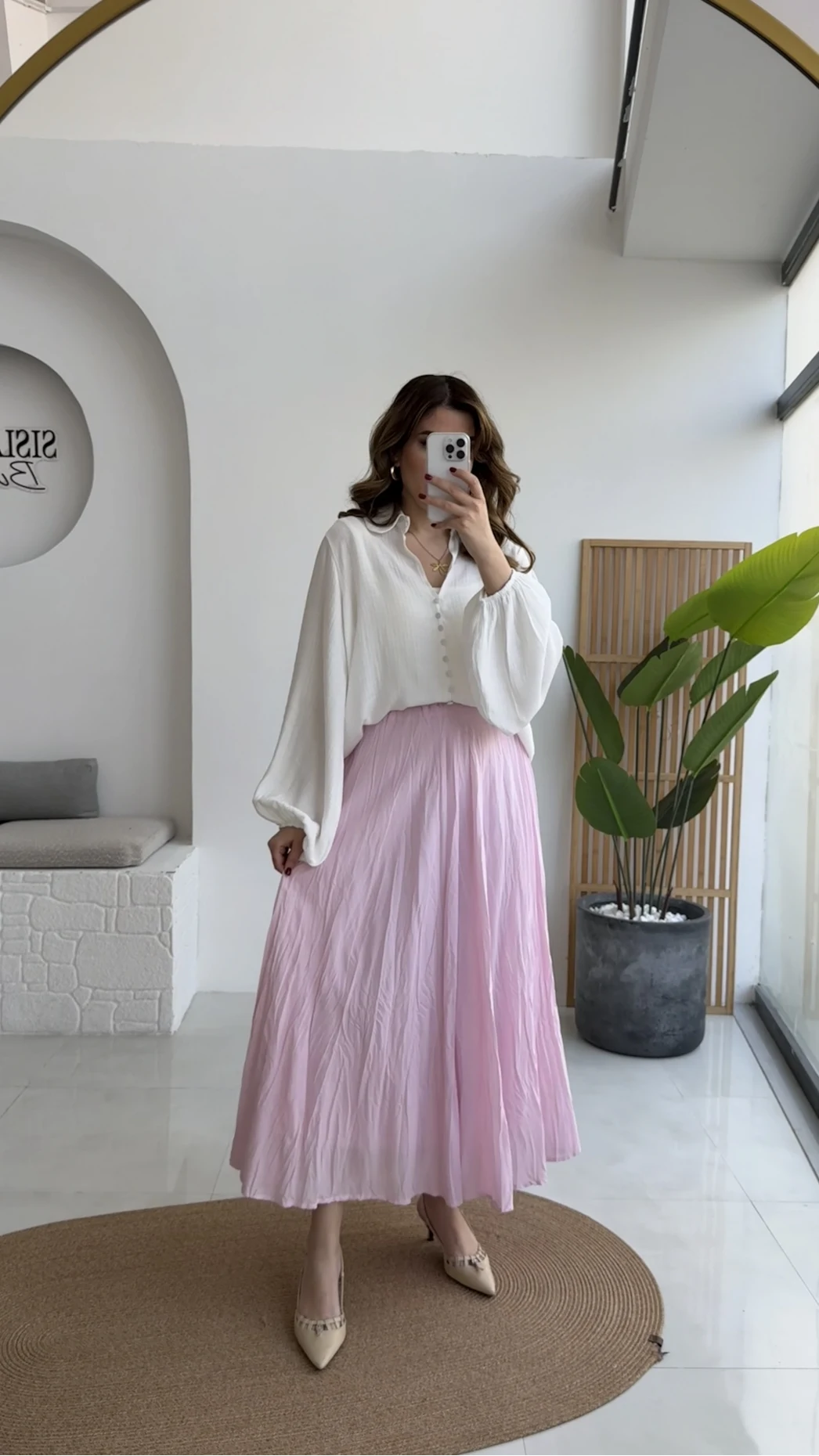 Pole Astarlı Kırışık Kloş Etek - Pembe - Kod: 3000