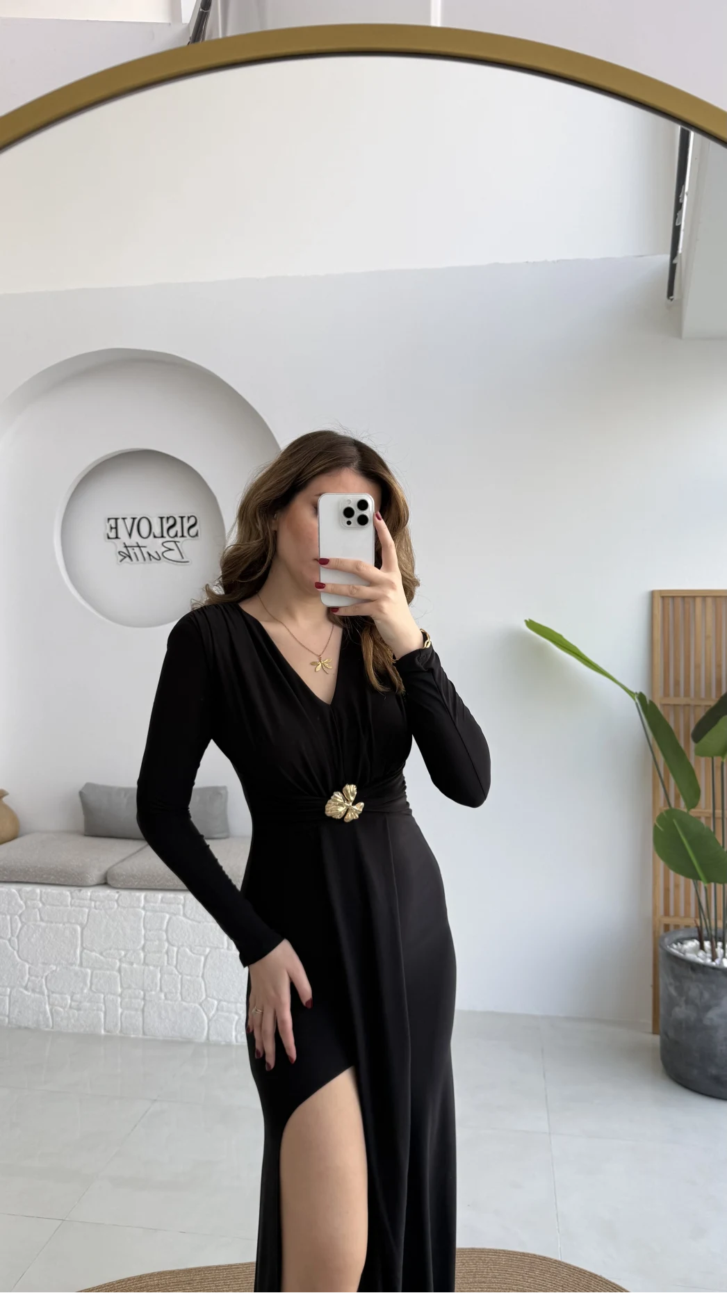 Pretty Aksesuar Detay Yırtmaçlı Elbise - Siyah - Kod: 0909