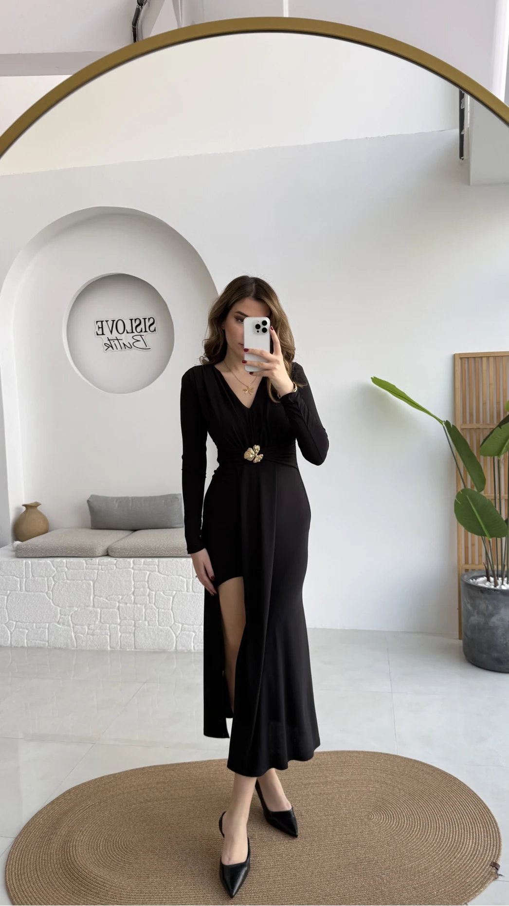 Pretty Aksesuar Detay Yırtmaçlı Elbise - Siyah - Kod: 0909