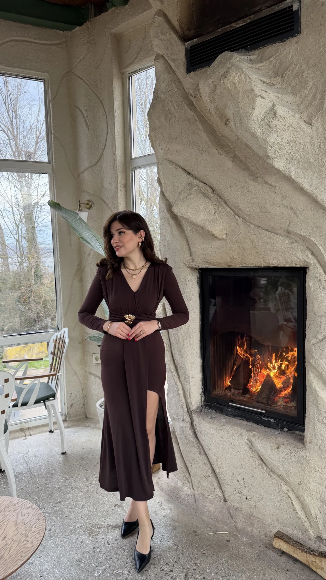 Pretty Aksesuar Detay Yırtmaçlı Elbise - Acı Kahve - Kod: 0909