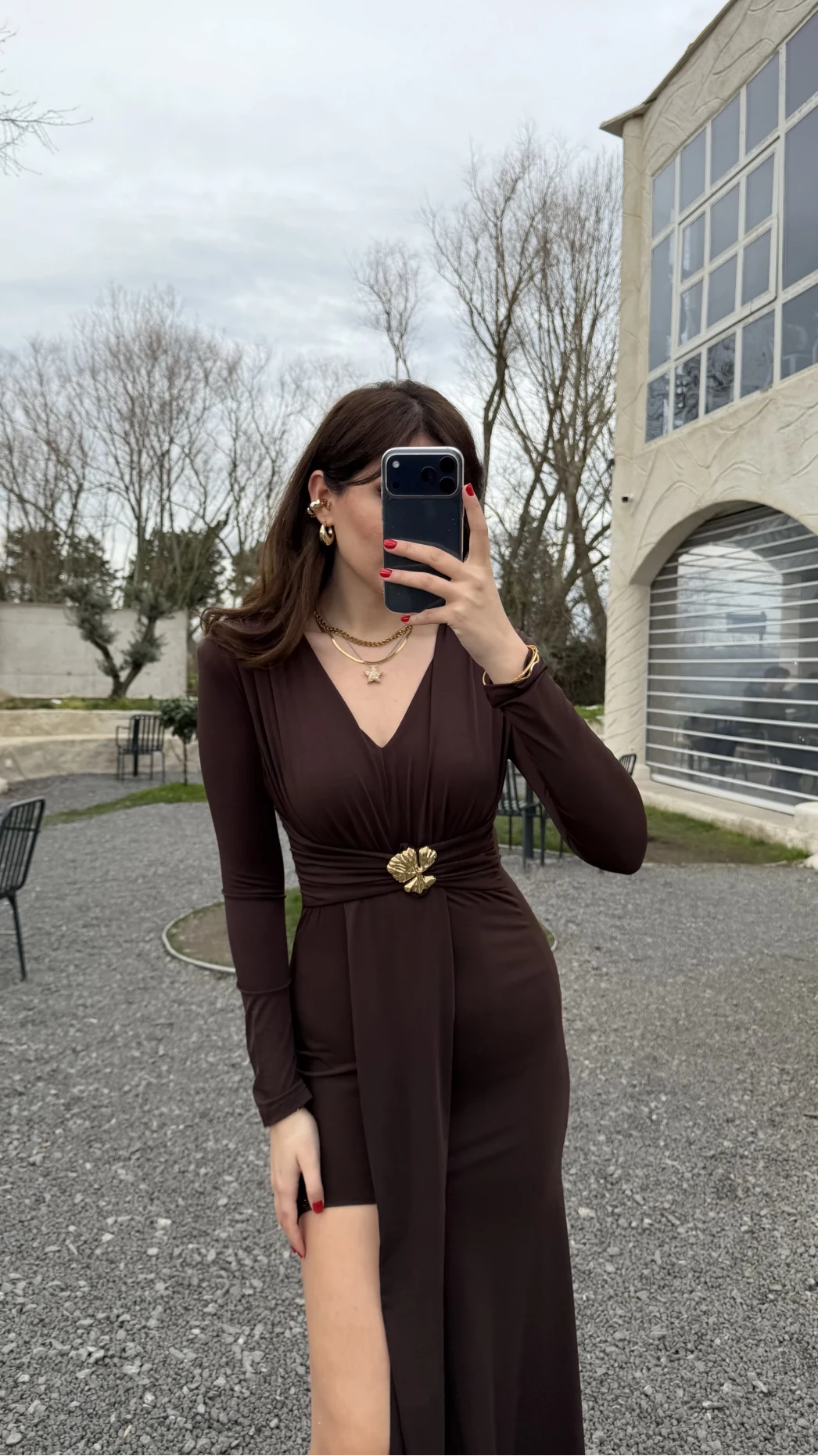 Pretty Aksesuar Detay Yırtmaçlı Elbise - Acı Kahve - Kod: 0909