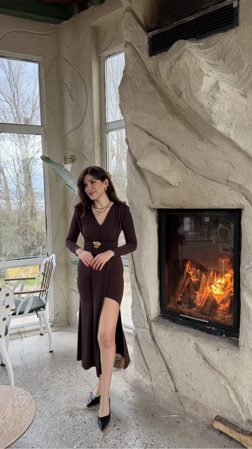 Pretty Aksesuar Detay Yırtmaçlı Elbise - Acı Kahve - Kod: 0909