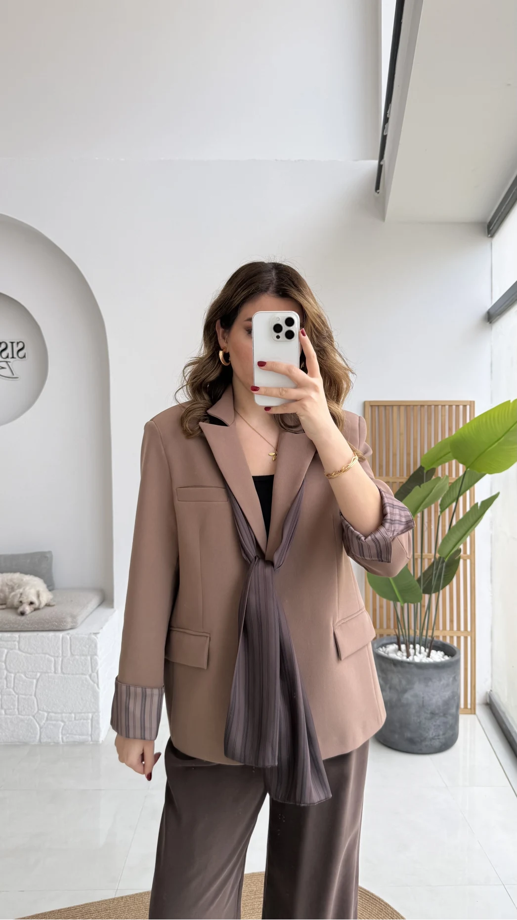 Wınslet Çizgili Fularlı Atlas Blazer Ceket - Kahve - Kod: 9722