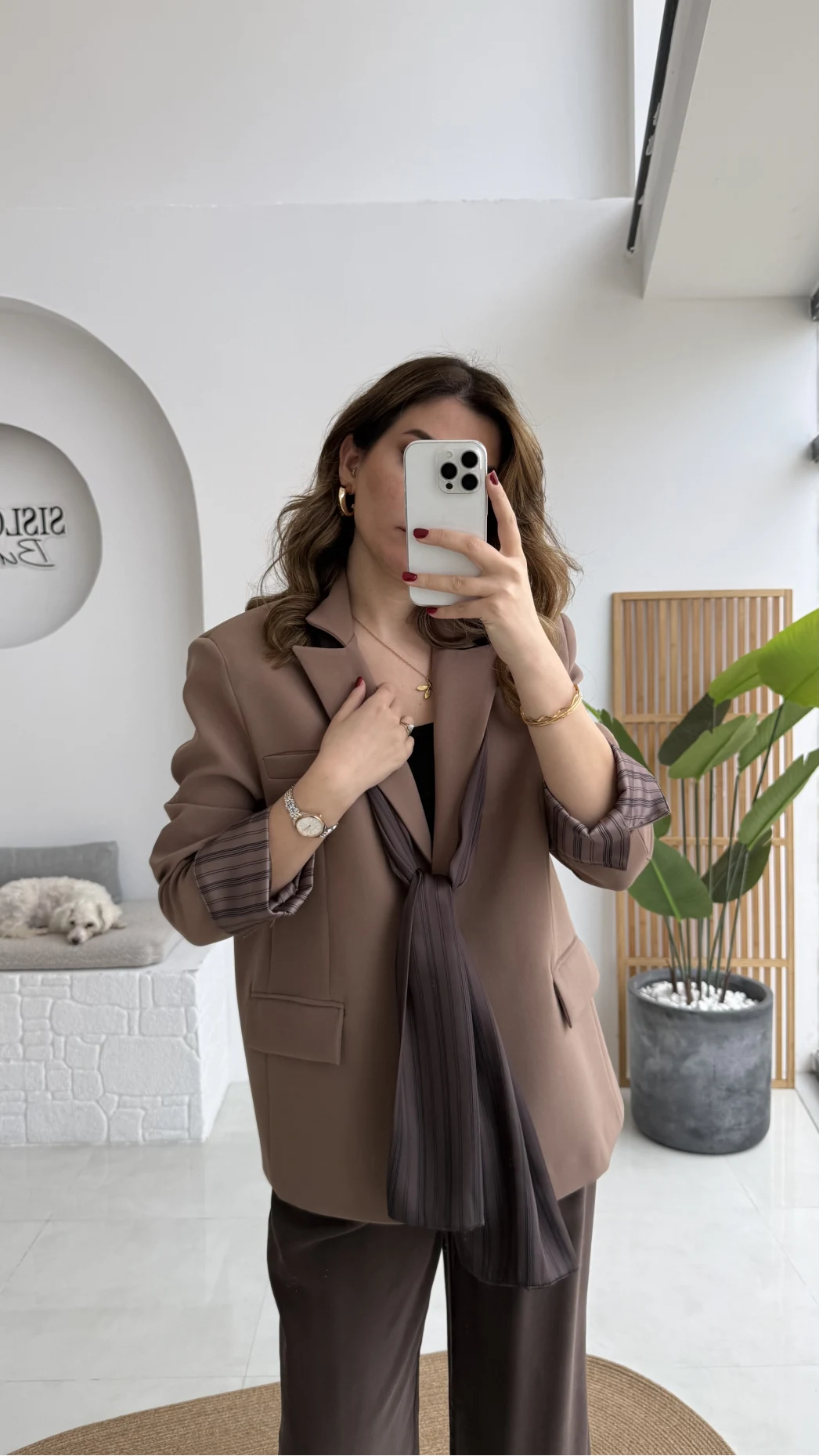 Wınslet Çizgili Fularlı Atlas Blazer Ceket - Kahve - Kod: 9722