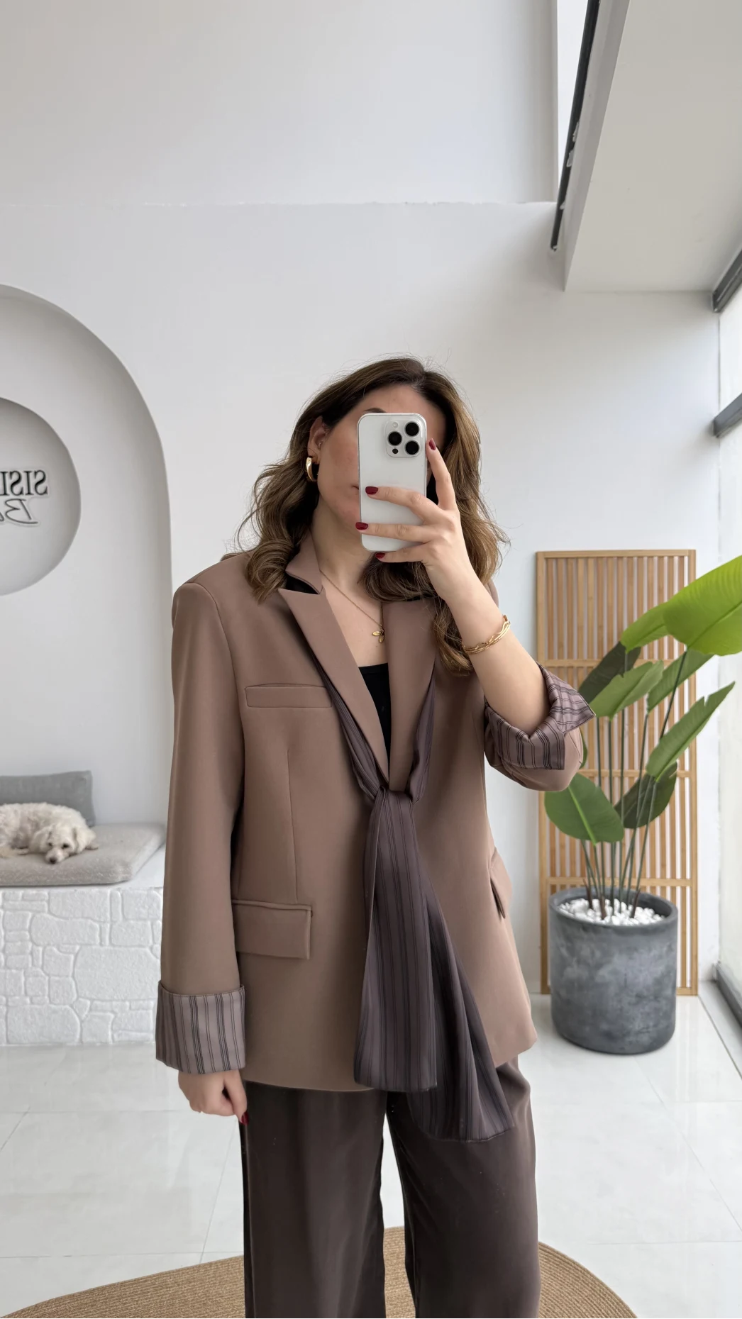 Wınslet Çizgili Fularlı Atlas Blazer Ceket - Kahve - Kod: 9722