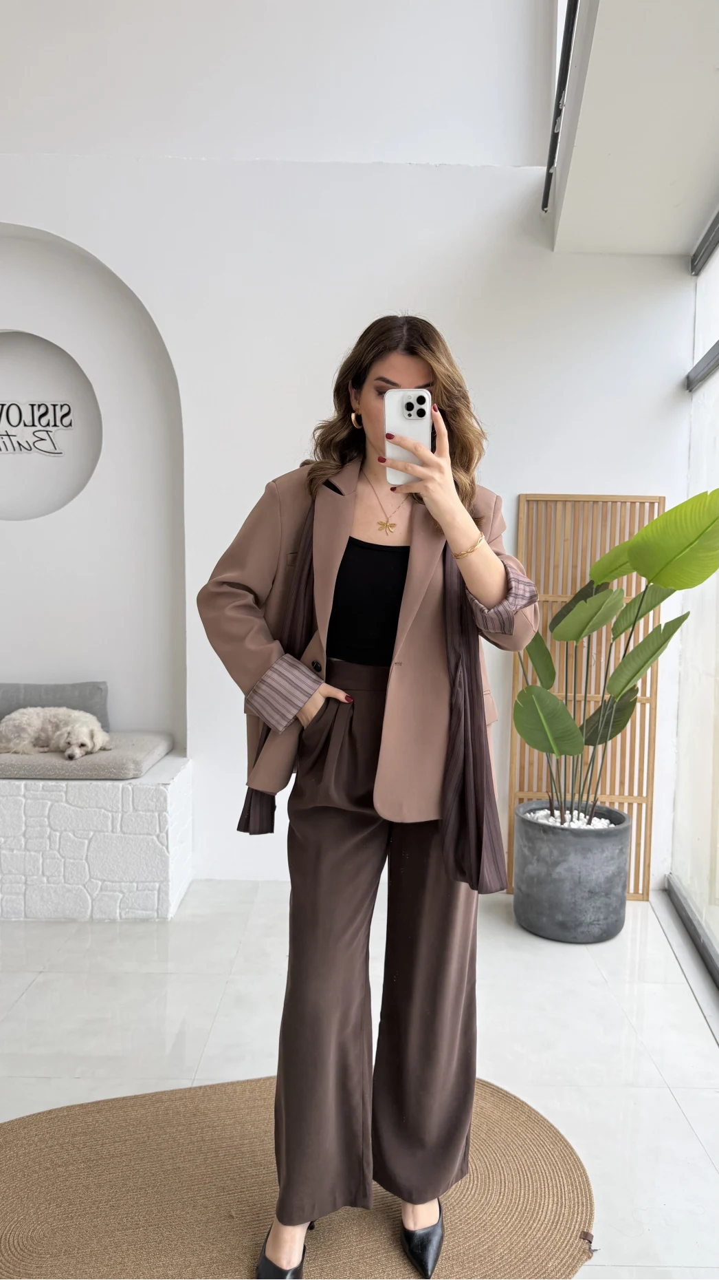 Wınslet Çizgili Fularlı Atlas Blazer Ceket - Kahve - Kod: 9722