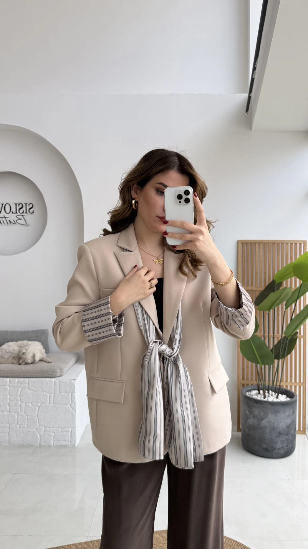 Wınslet Çizgili Fularlı Atlas Blazer Ceket - Taş - Kod: 9722