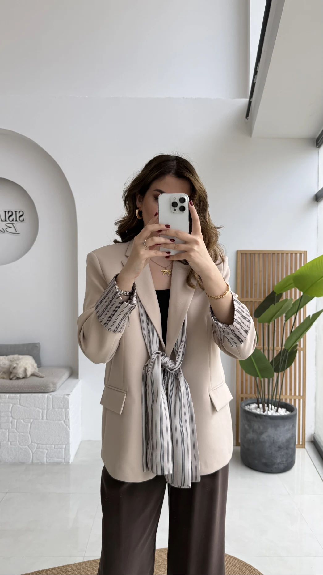 Wınslet Çizgili Fularlı Atlas Blazer Ceket - Taş - Kod: 9722