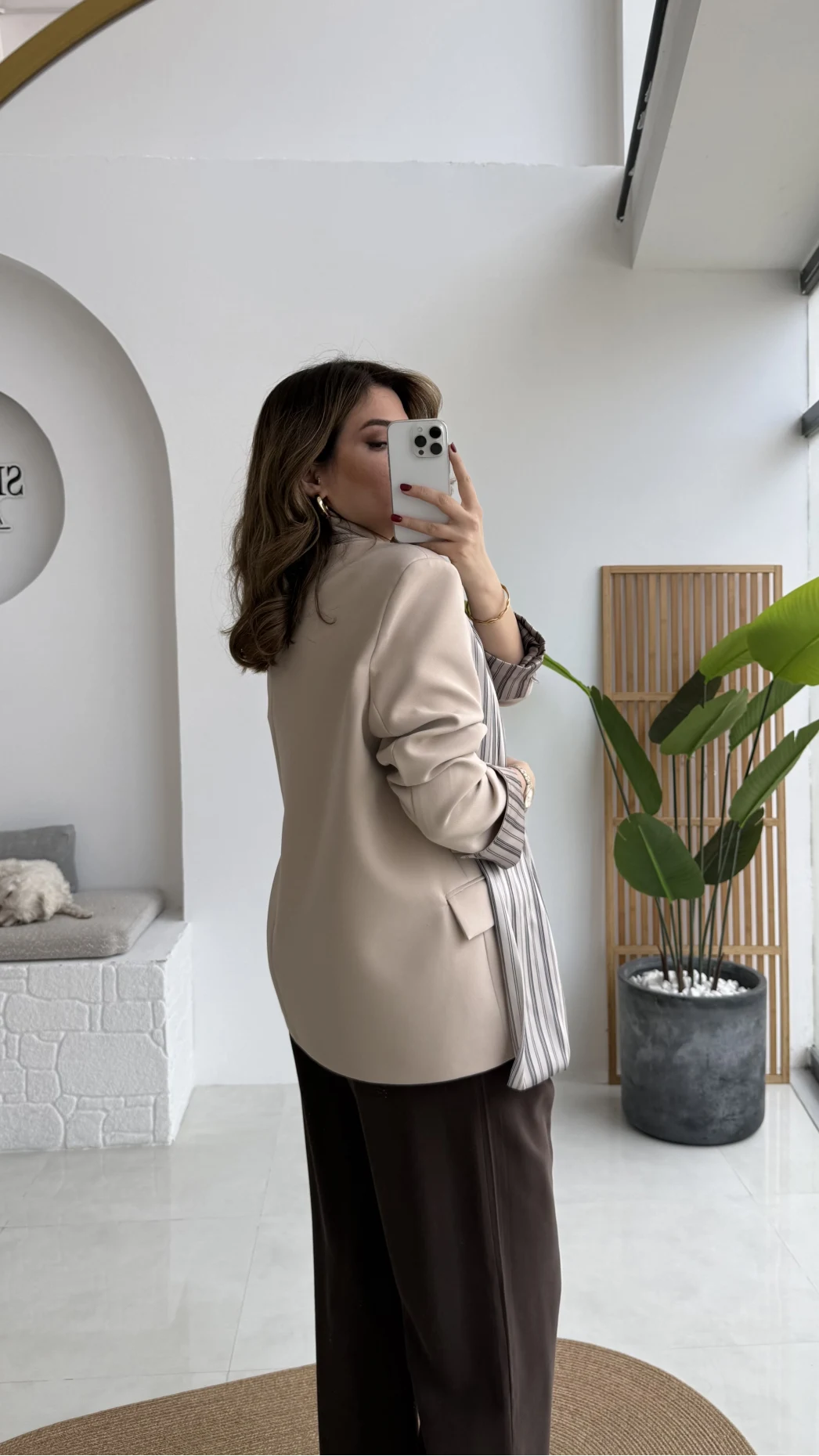 Wınslet Çizgili Fularlı Atlas Blazer Ceket - Taş - Kod: 9722