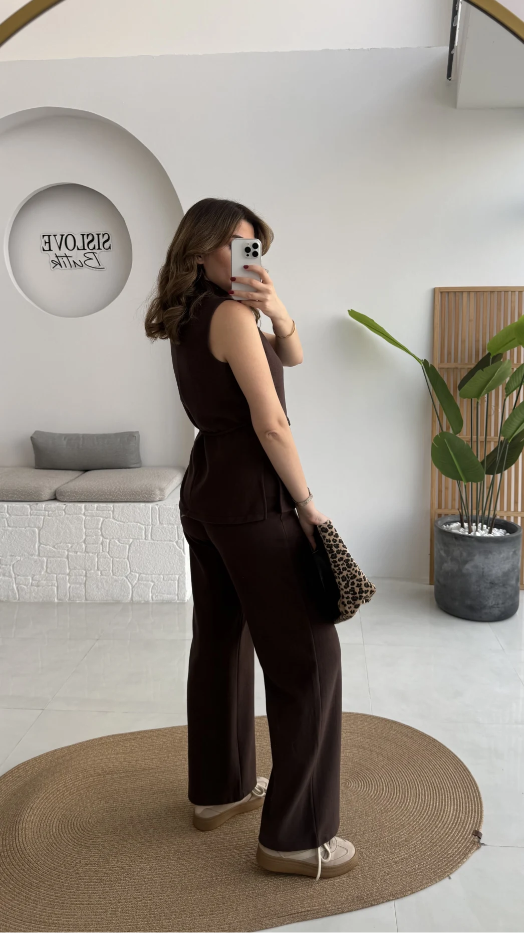 Dik Yaka Sıfır Kol Aksesuar Bağcıklı Triko Takım - Acı Kahve - Kod: 0883