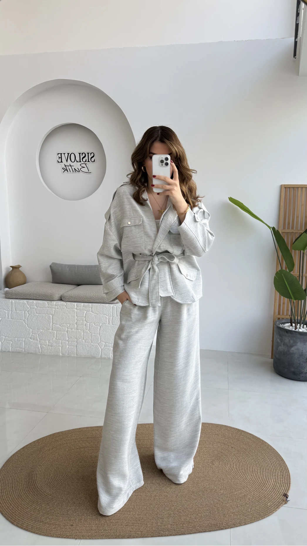 Emma Kuşaklı Ceket Pantolon Takım - Gri - Kod: 9701