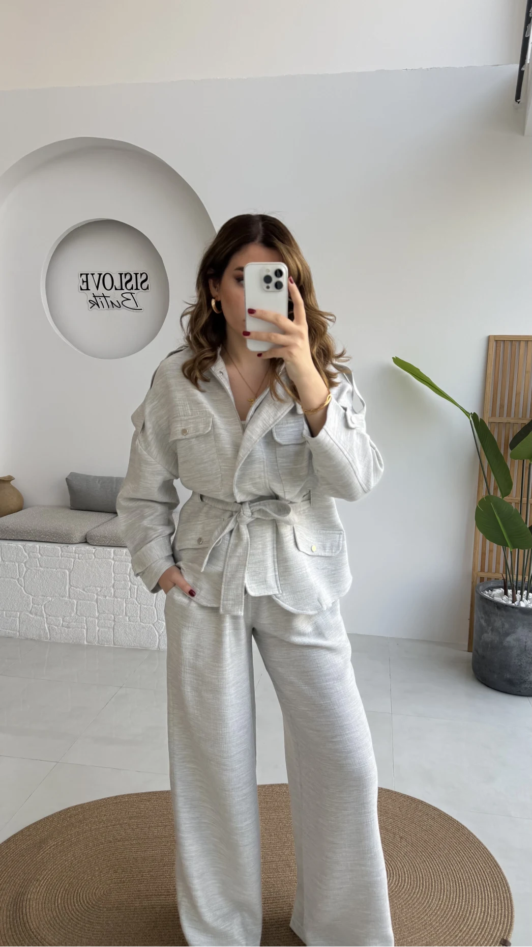 Emma Kuşaklı Ceket Pantolon Takım - Gri - Kod: 9701