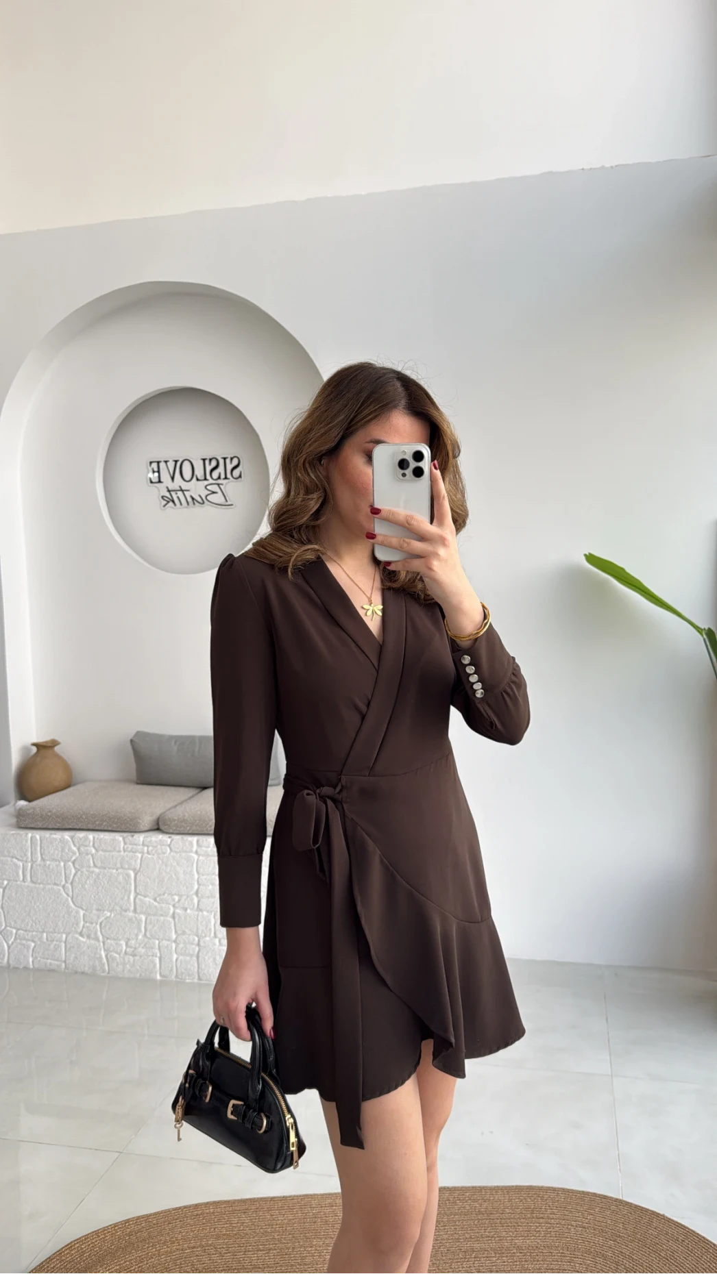 Kruvaze Yaka Önden Bağlamalı Mini Elbise - Kahverengi - Kod: 0923