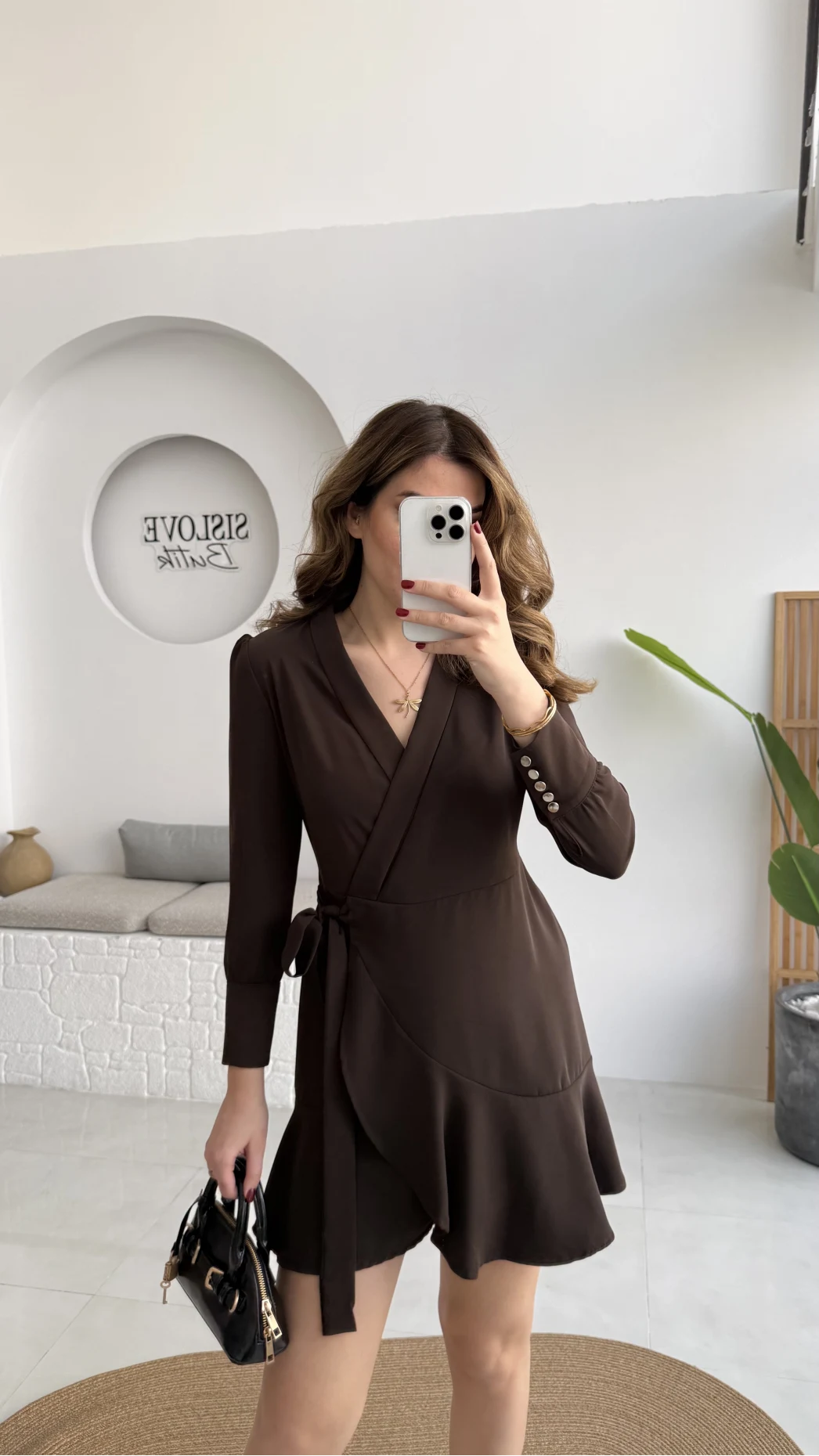 Kruvaze Yaka Önden Bağlamalı Mini Elbise - Kahverengi - Kod: 0923