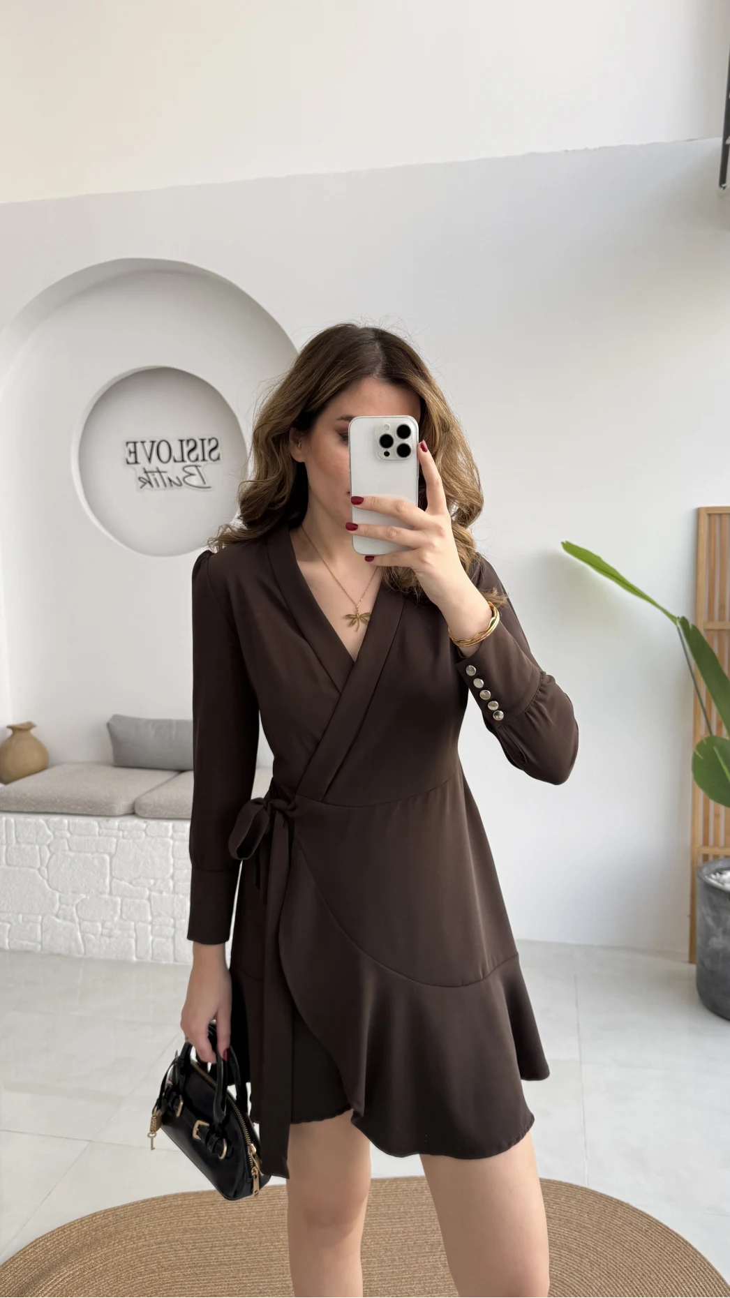 Kruvaze Yaka Önden Bağlamalı Mini Elbise - Kahverengi - Kod: 0923