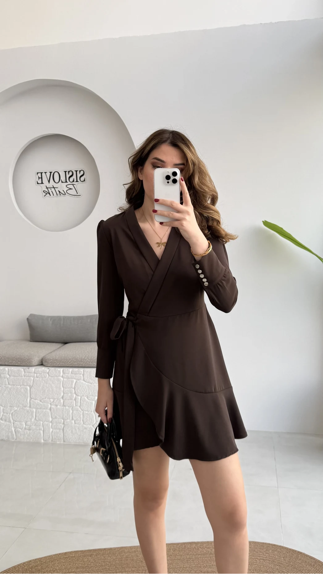 Kruvaze Yaka Önden Bağlamalı Mini Elbise - Kahverengi - Kod: 0923