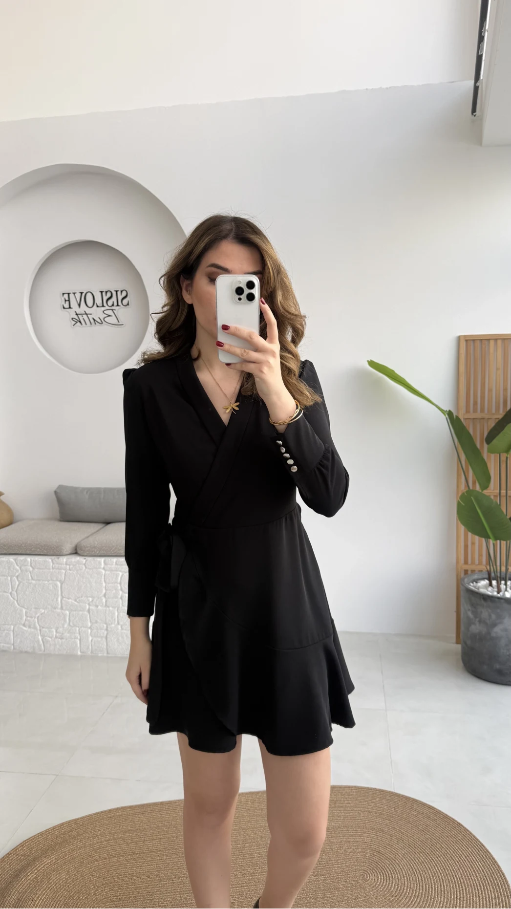 Kruvaze Yaka Önden Bağlamalı Mini Elbise - Siyah - Kod: 0923