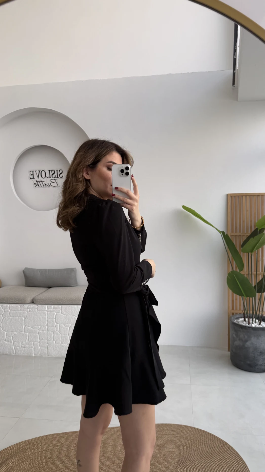 Kruvaze Yaka Önden Bağlamalı Mini Elbise - Siyah - Kod: 0923