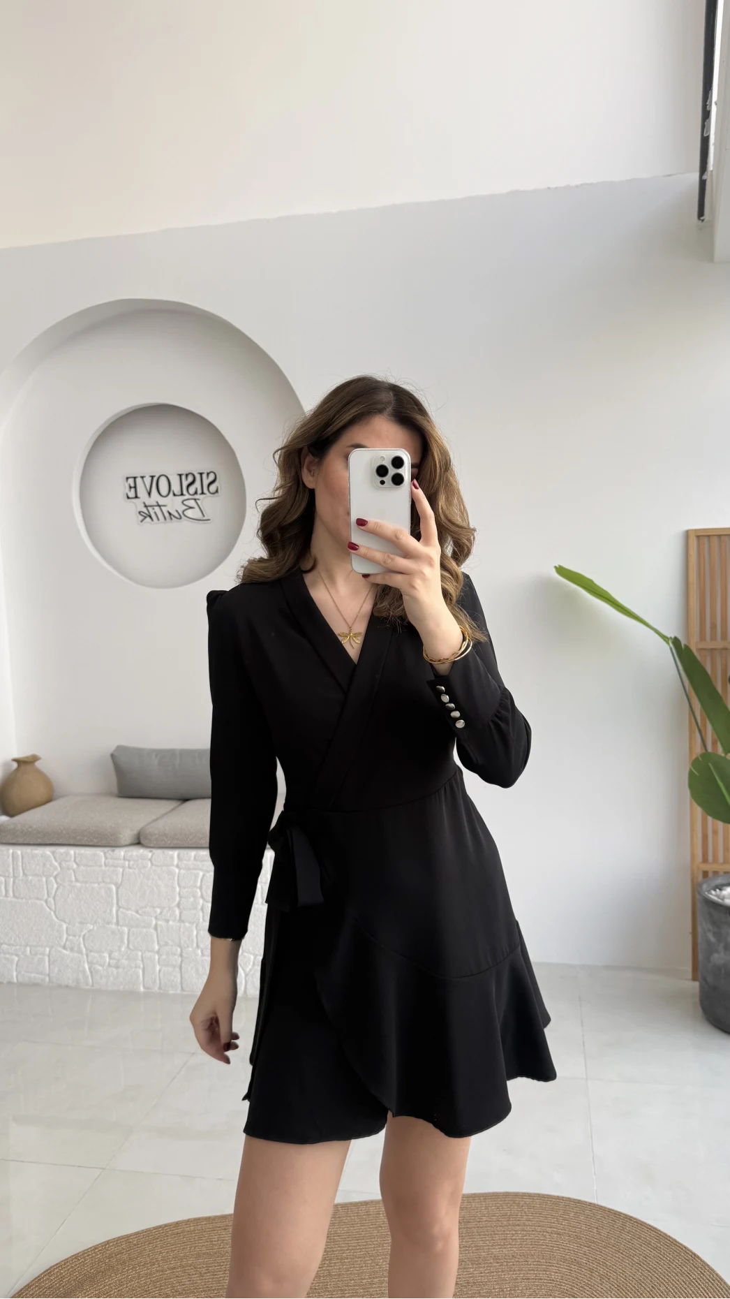 Kruvaze Yaka Önden Bağlamalı Mini Elbise - Siyah - Kod: 0923