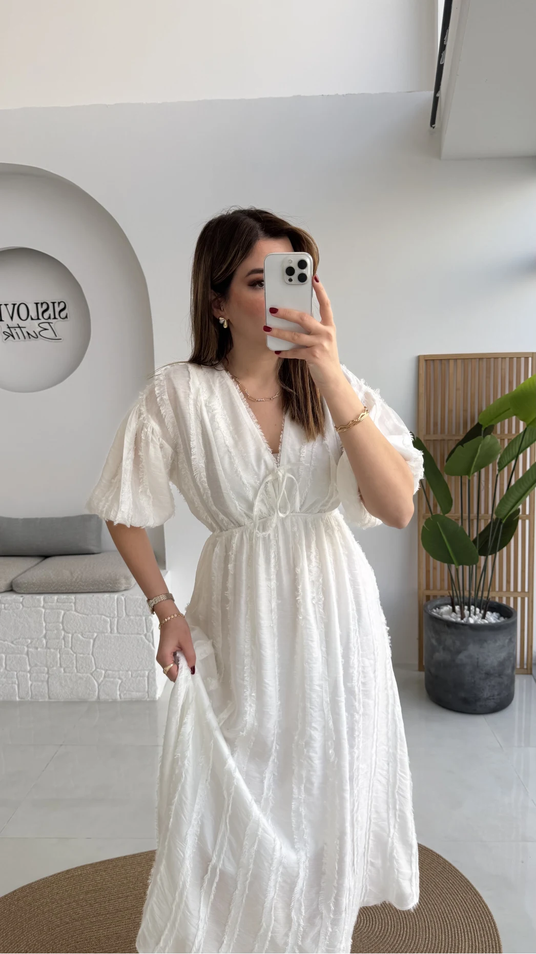 Alise Püsküllü V Yaka Balon Kol Elbise - Ekru - Kod: 3075