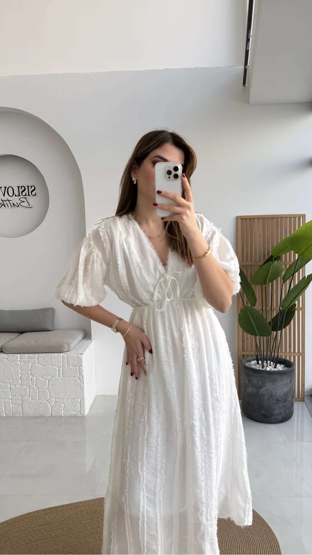 Alise Püsküllü V Yaka Balon Kol Elbise - Ekru - Kod: 3075