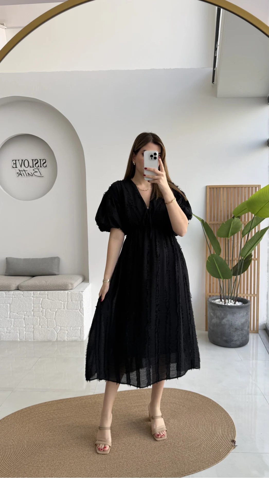 Alise Püsküllü V Yaka Balon Kol Elbise - Siyah - Kod: 3075