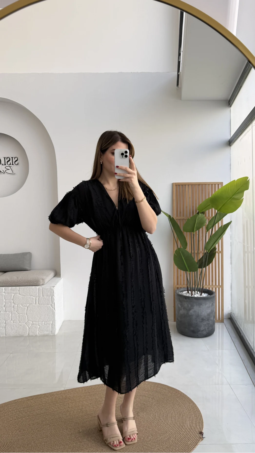 Alise Püsküllü V Yaka Balon Kol Elbise - Siyah - Kod: 3075