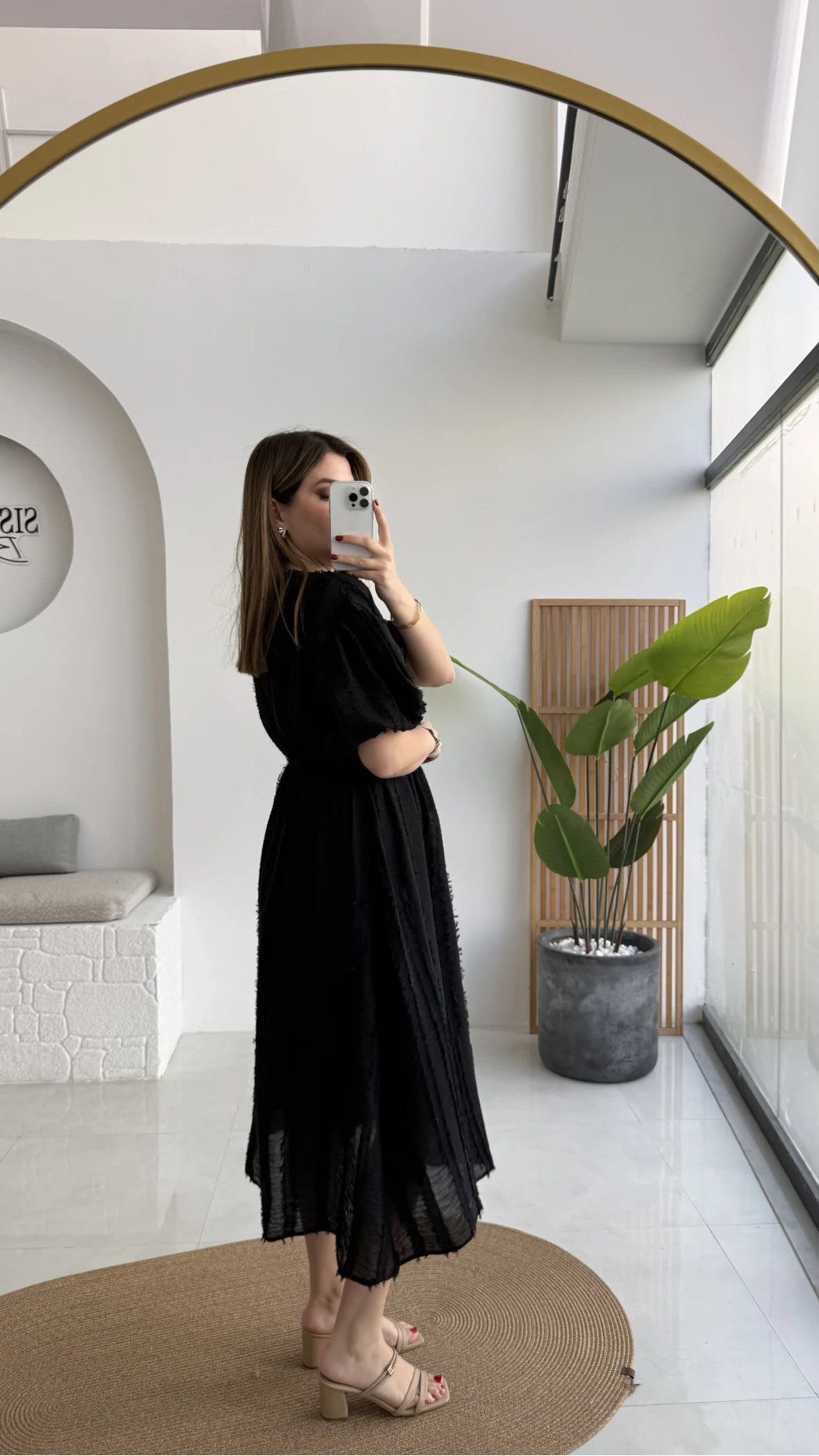 Alise Püsküllü V Yaka Balon Kol Elbise - Siyah - Kod: 3075