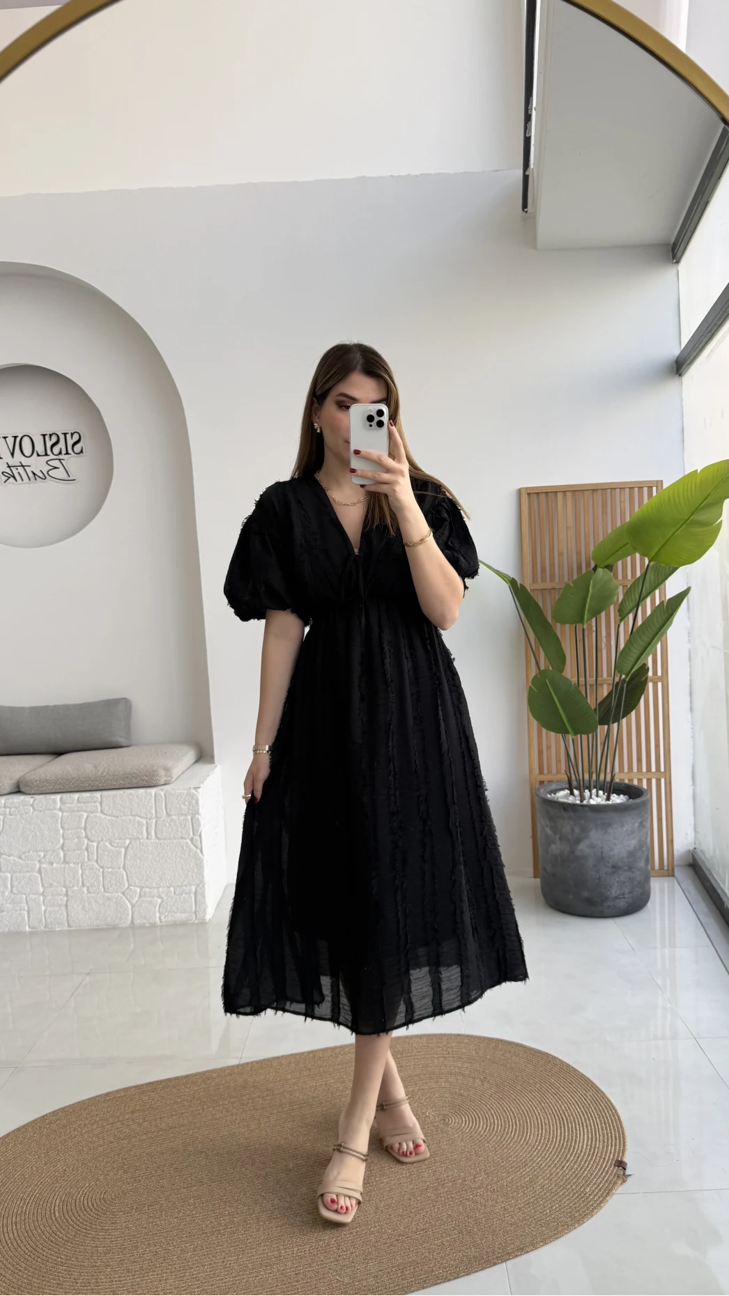 Alise Püsküllü V Yaka Balon Kol Elbise - Siyah - Kod: 3075