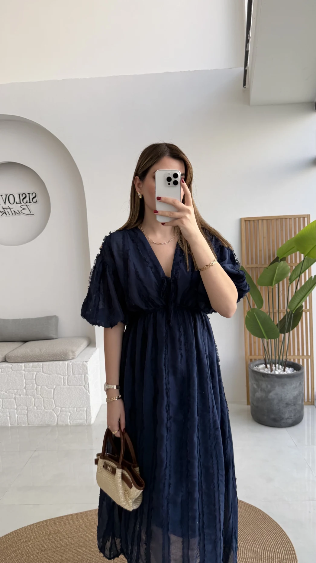 Alise Püsküllü V Yaka Balon Kol Elbise - Lacivert - Kod: 3075