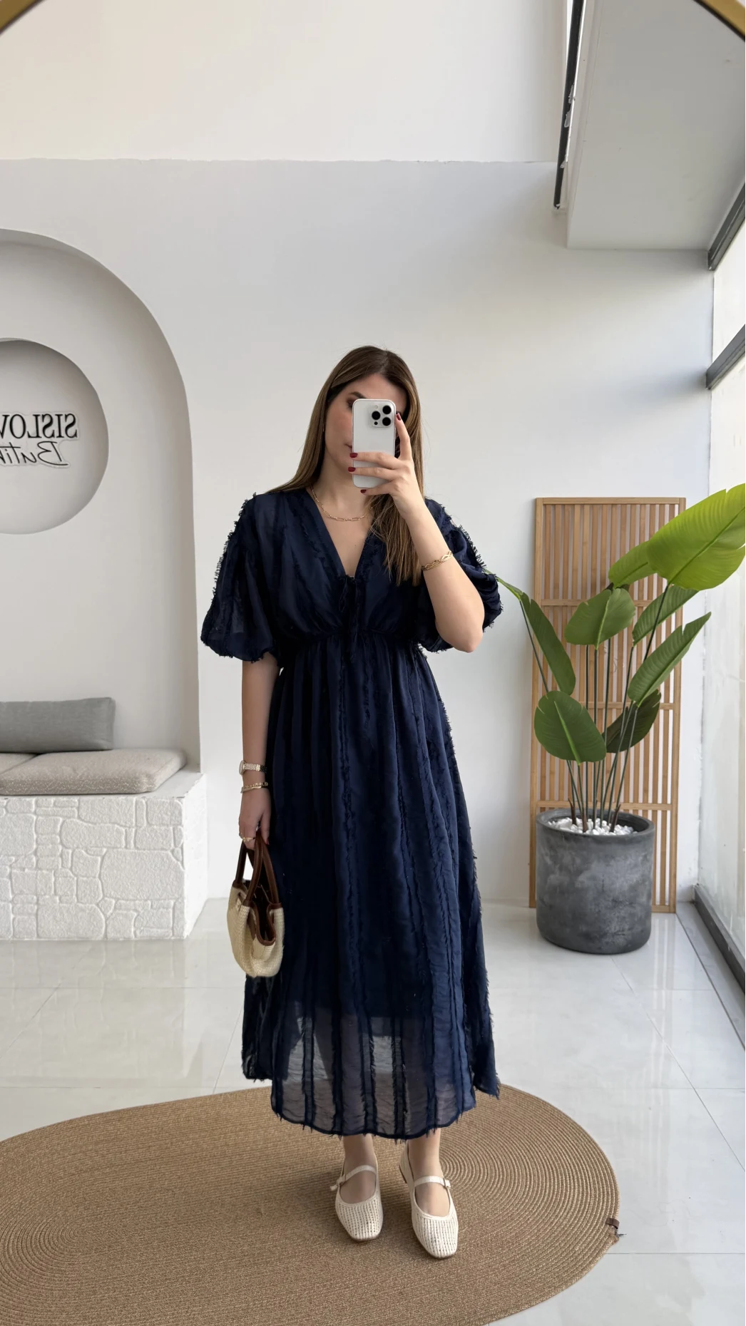 Alise Püsküllü V Yaka Balon Kol Elbise - Lacivert - Kod: 3075