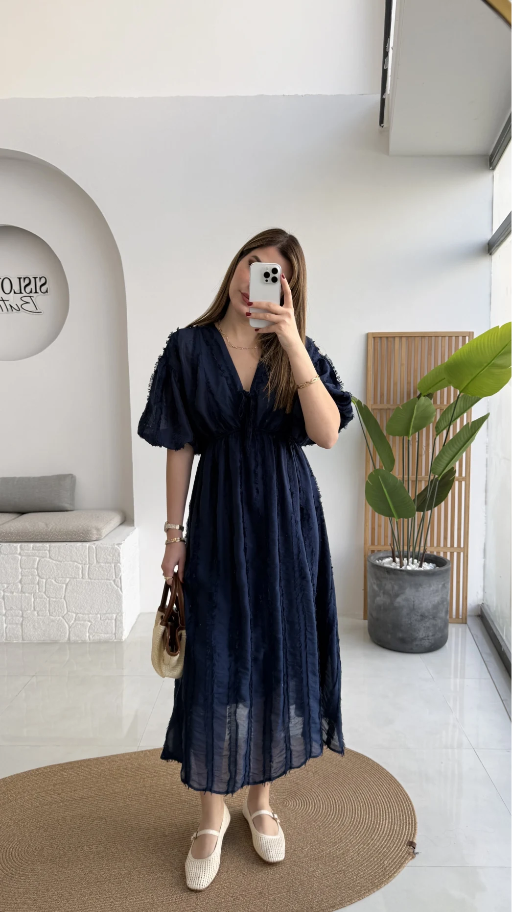 Alise Püsküllü V Yaka Balon Kol Elbise - Lacivert - Kod: 3075