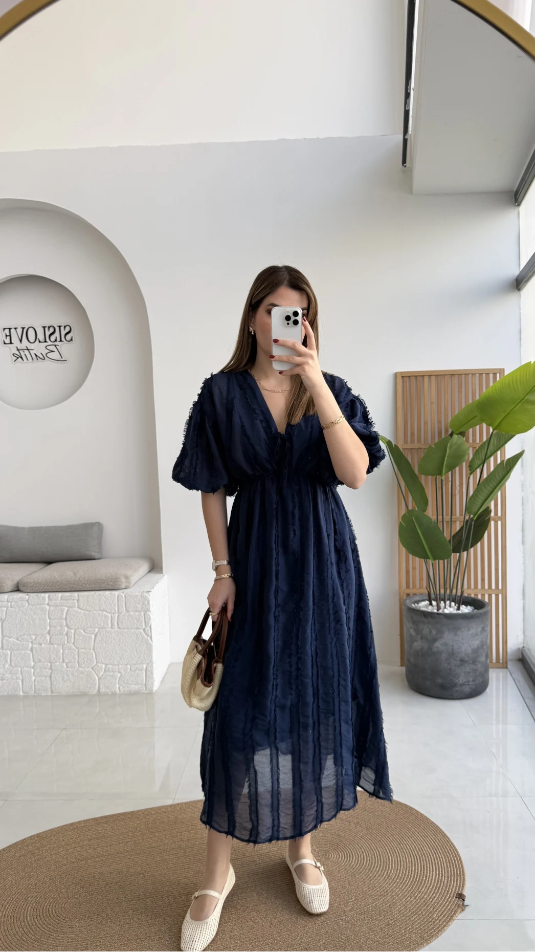 Alise Püsküllü V Yaka Balon Kol Elbise - Lacivert - Kod: 3075