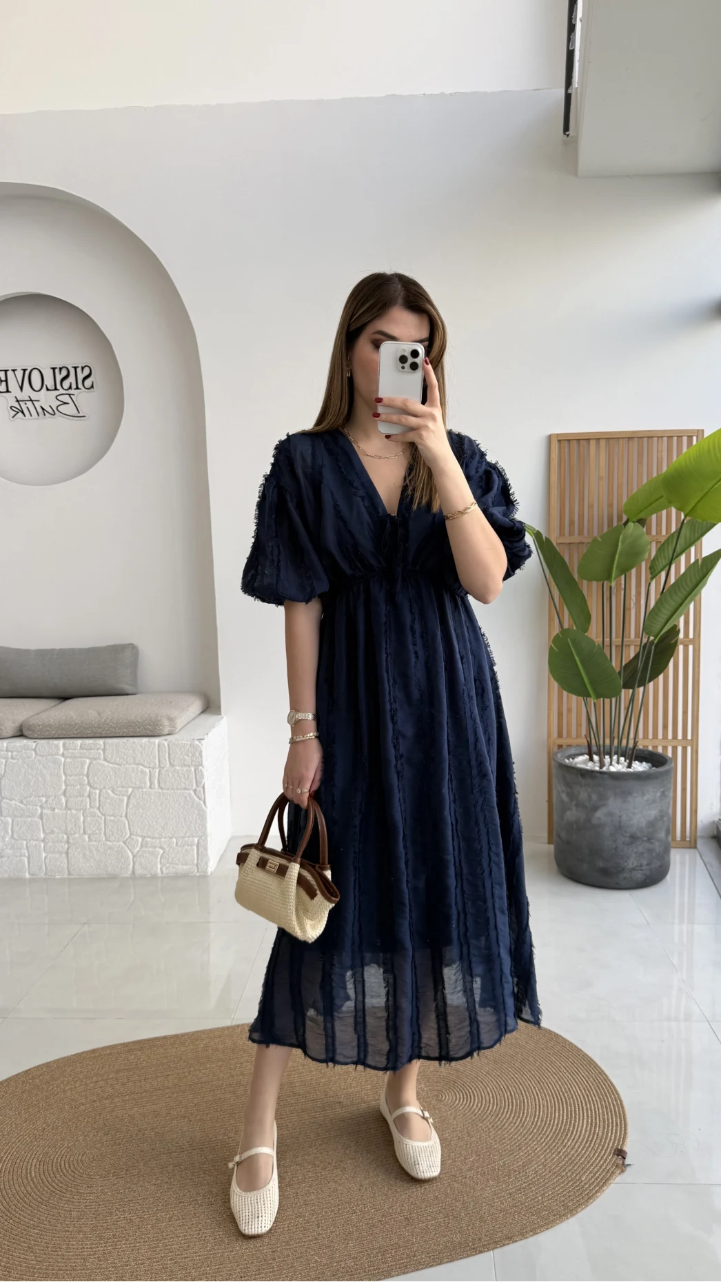 Alise Püsküllü V Yaka Balon Kol Elbise - Lacivert - Kod: 3075