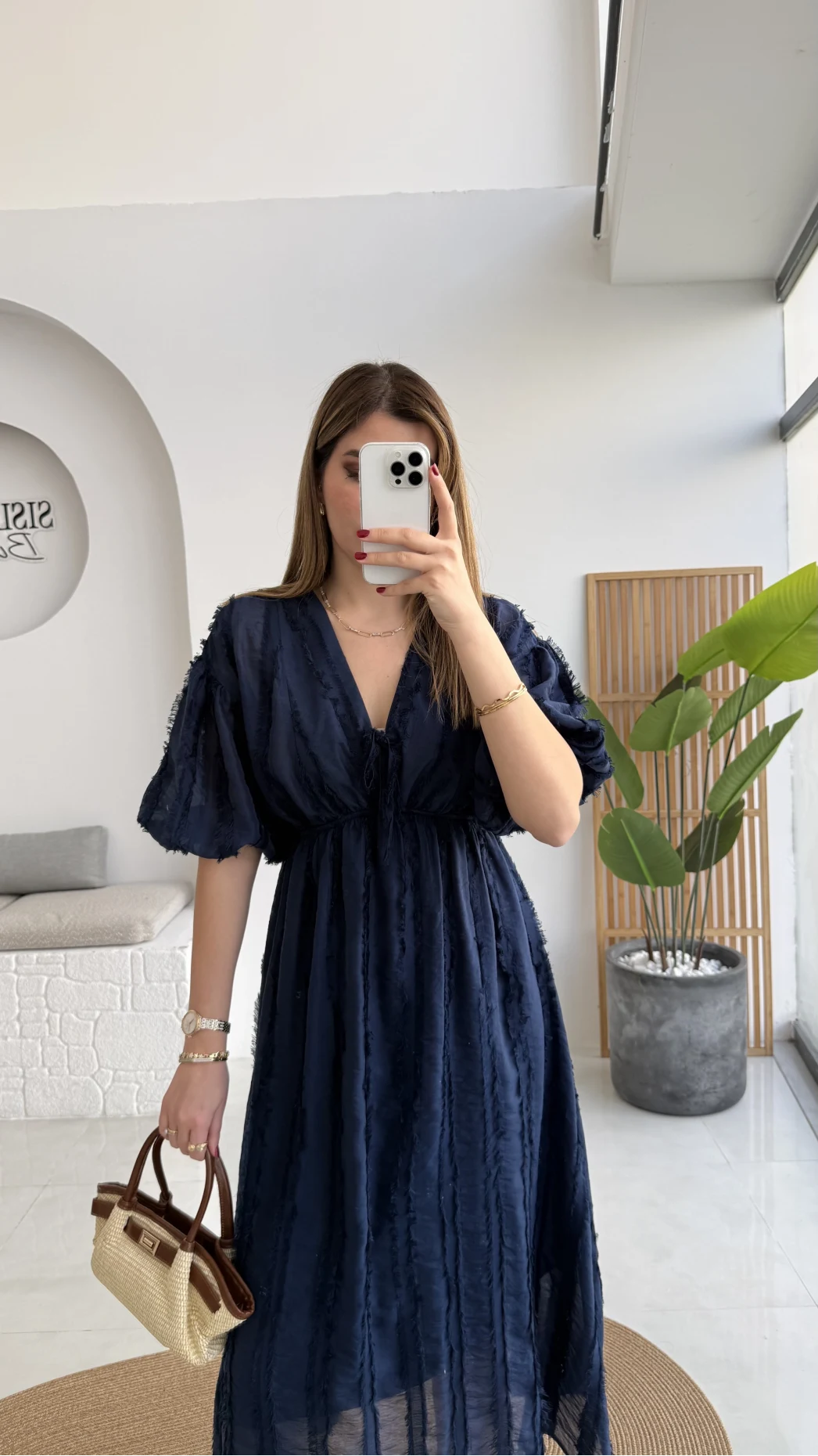 Alise Püsküllü V Yaka Balon Kol Elbise - Lacivert - Kod: 3075