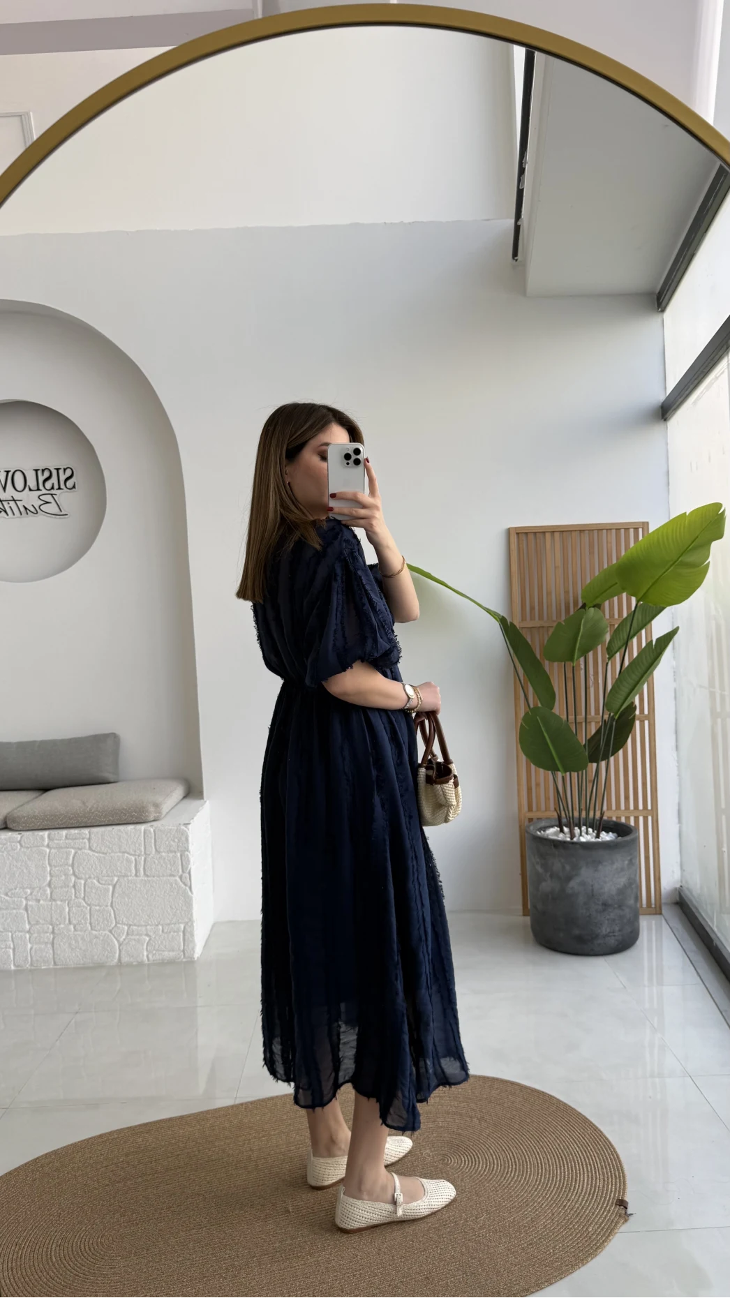 Alise Püsküllü V Yaka Balon Kol Elbise - Lacivert - Kod: 3075