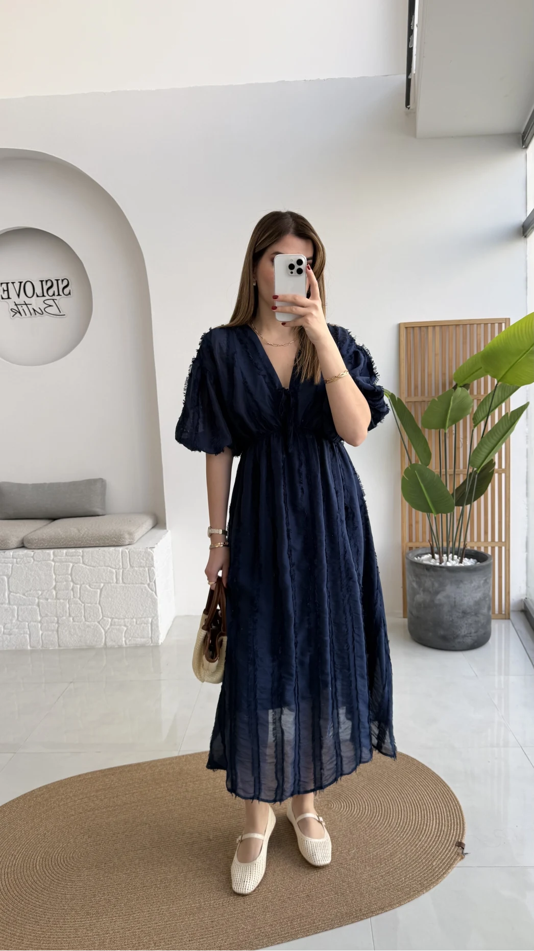 Alise Püsküllü V Yaka Balon Kol Elbise - Lacivert - Kod: 3075