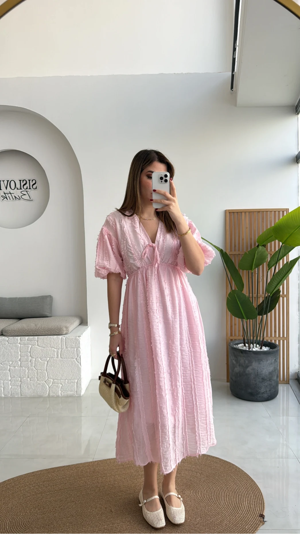 Alise Püsküllü V Yaka Balon Kol Elbise - Pembe - Kod: 3075