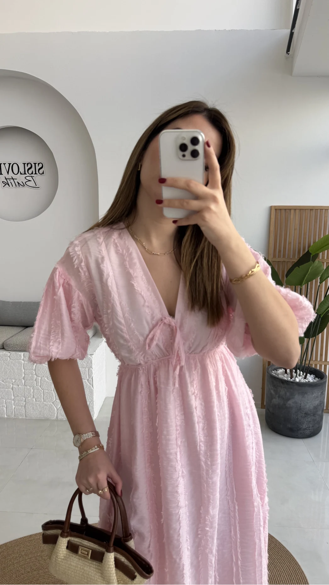 Alise Püsküllü V Yaka Balon Kol Elbise - Pembe - Kod: 3075