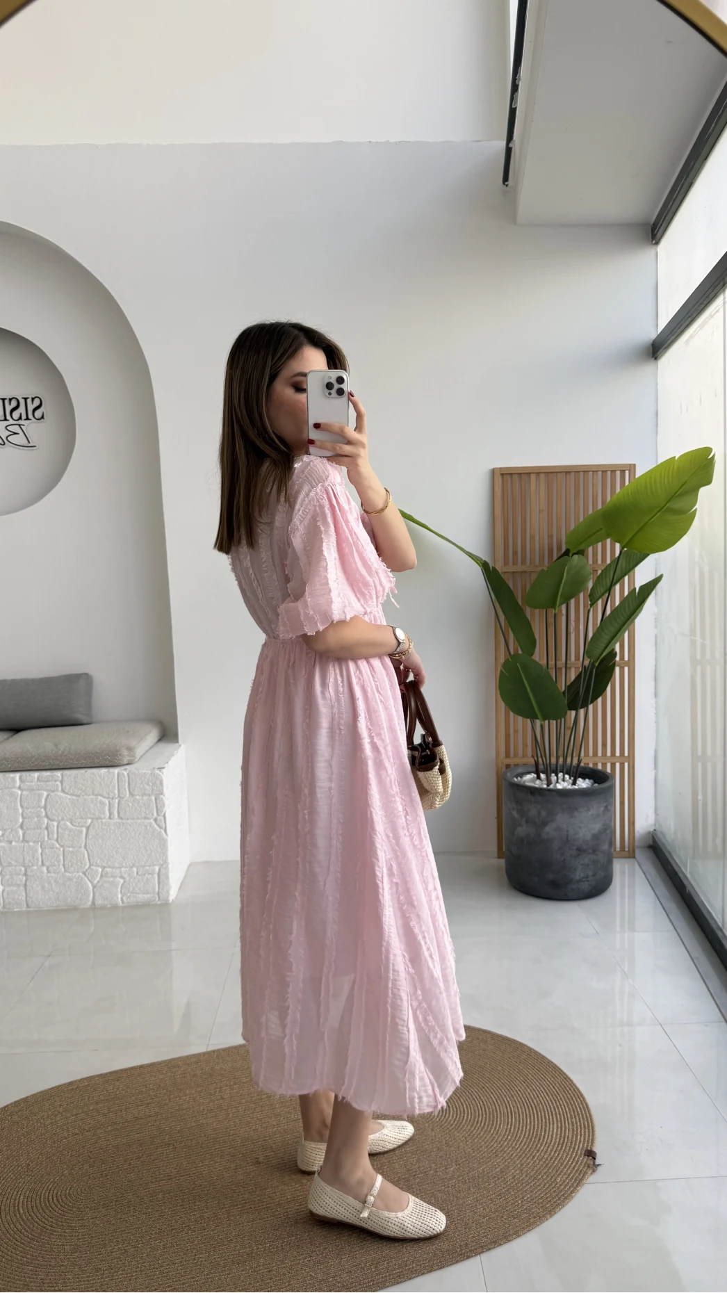 Alise Püsküllü V Yaka Balon Kol Elbise - Pembe - Kod: 3075