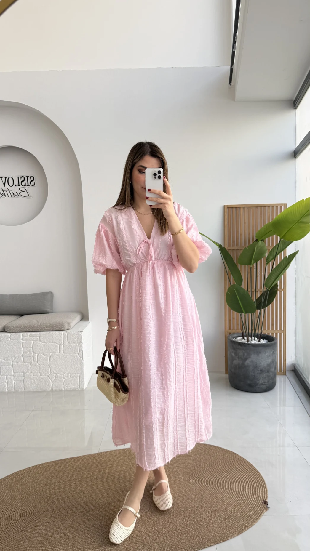 Alise Püsküllü V Yaka Balon Kol Elbise - Pembe - Kod: 3075