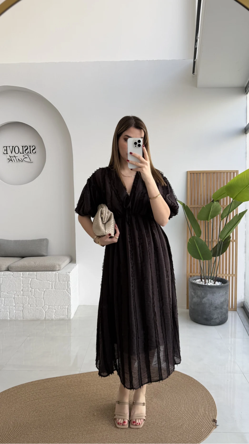 Alise Püsküllü V Yaka Balon Kol Elbise - Acı Kahve - Kod: 3075