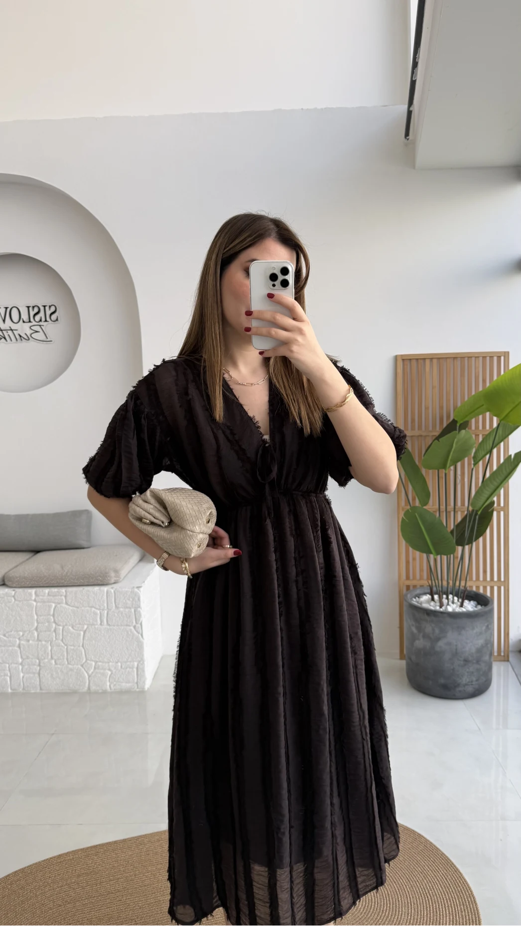 Alise Püsküllü V Yaka Balon Kol Elbise - Acı Kahve - Kod: 3075