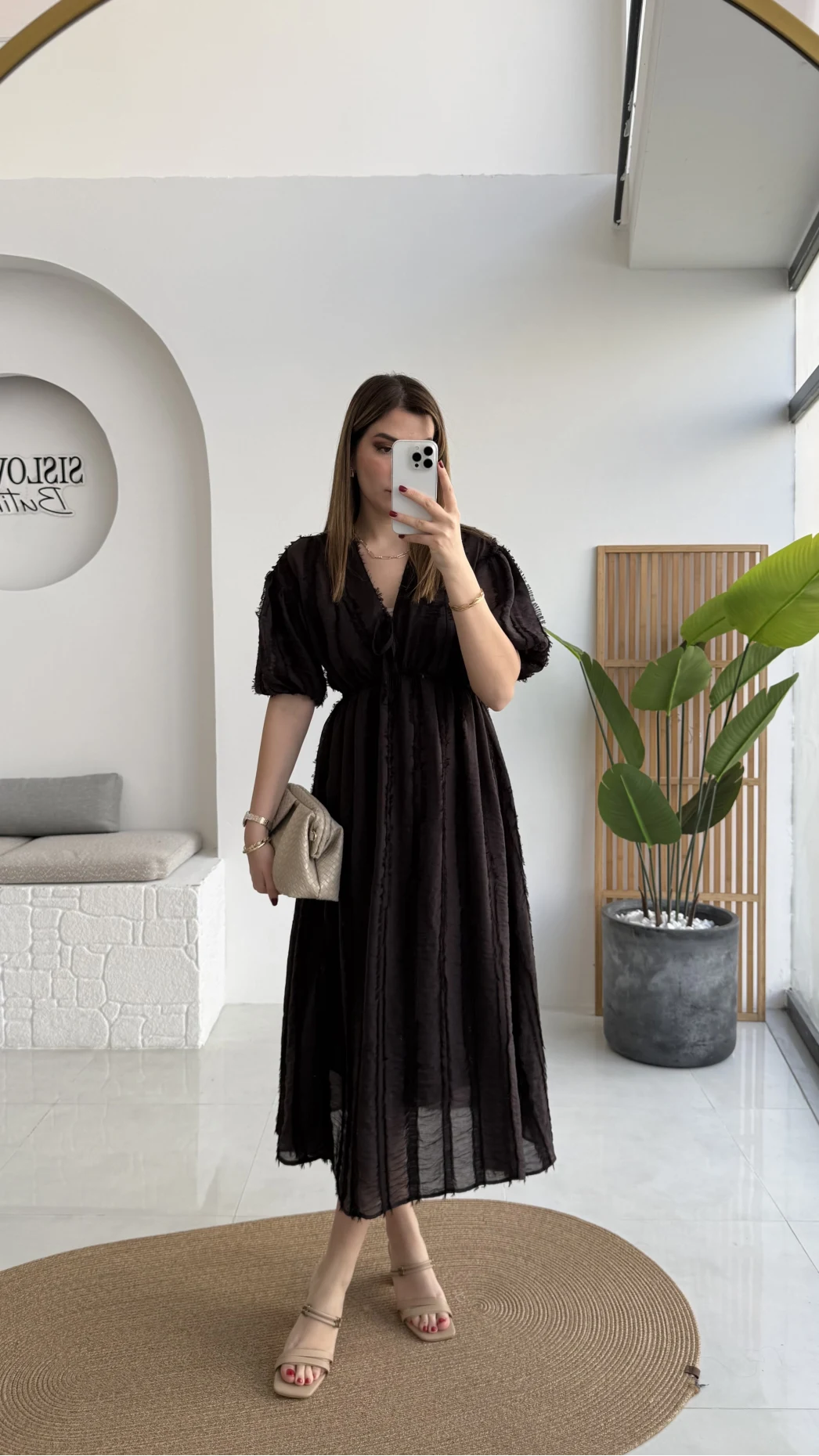 Alise Püsküllü V Yaka Balon Kol Elbise - Acı Kahve - Kod: 3075