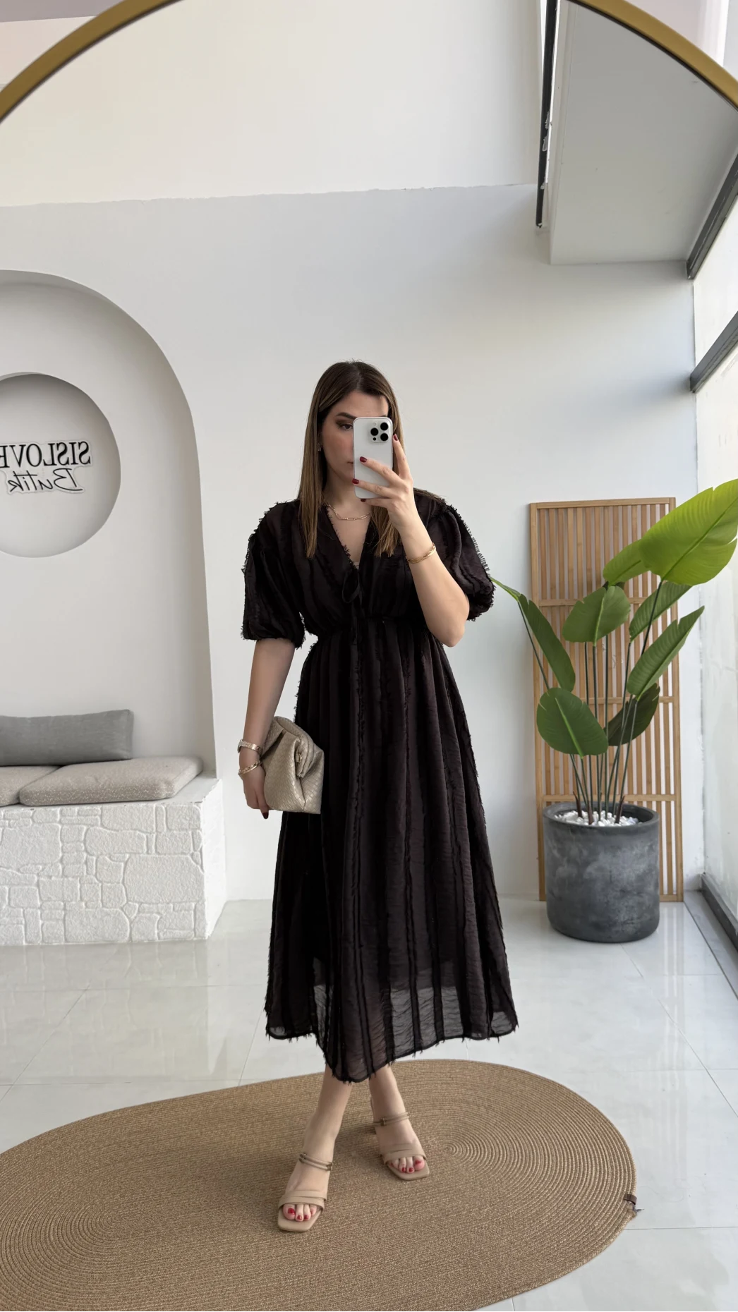 Alise Püsküllü V Yaka Balon Kol Elbise - Acı Kahve - Kod: 3075